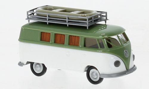Brekina VW T1b Camper Bus green/white with rubber boat on roof rack