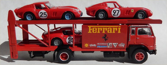 Brekina set of Fiat 642 Renntransporter with 3 Ferrari GTO race cars.